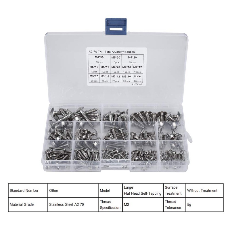 180pcs M3 M4 M5 M6 Stainless Steel Flat Head Self