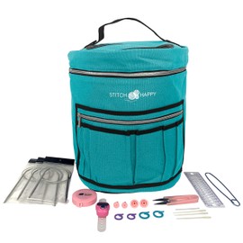 Stitch Happy- Designer Stitch Happy Knitting Starter Kit: 20 Piece Knitting Kit For Beginners & 7 Pocket Yarn Bag, Signature Yarn Storage Peacock