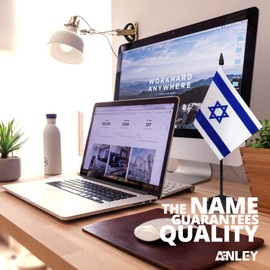 Anley Israel Deluxe Desk Flag Set - 6 x 4 Inch Miniature Israeli Desktop Flag with 12" Solid Pole - Vivid Color and Fade Resistant - Black Base and Spear Top