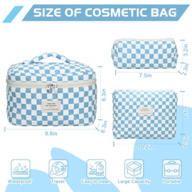 TESAFNG Quilted Makeup Bag Set - 3 PCS Cute Floral Cotton Makeup Bag, Large Coquette Aesthetic Make up Cosmetic Bag, Flower Travel Toiletry Organizer Bags for Women Girls (Checkered Blue)