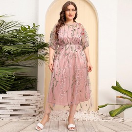 Long Floral Embroidery Dress for Women Flower Embroidered Maxi Dress Plus Size Embroidered Dress for Women Casual Half Sleeve Empire Waist Wedding Guest Evening Cocktail Long Dress Pink-Floral 3XL