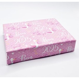 2 Sheets Born In 2025 Girl Wrapping Paper New Baby Arrival Cute Birthday Gift Wrap Pink and White (PA)