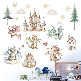Baby Dragon Wall Stickers for Nursery: Kids Boys Girls Bedroom Wall Decals - Cute Stars Clouds Tree