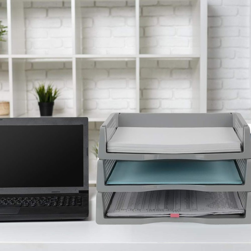 HOMMP 6-Pack Gray Plastic Stackable File Paper Storage Tray Basket