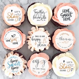 40Pcs Round Edible Greenary Home Sweet Home Cupcake Toppers Our Life Our Story Happy Place Cupcake Picks Housewarming Drink Toppers for Housewarming Party Cupcake Decorations