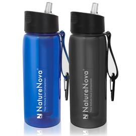 Naturenova Water Filter Bottle with 4-Stage Integrated Filter Straw BPA Free for Camping, Hiking, Backpacking, Emergency and Travel, 2 Pack Black/Blue, 650ml