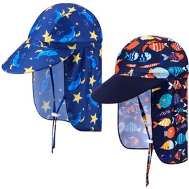 SATINIOR 2 Pcs Baby Toddler Sun Hat Baby Swim Hat UPF 50+ Summer Cap with Strap Adjustable Flap Sun Protection Beach Hat for 1-7 Years (Dolphin, Fish Style) Blue