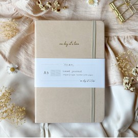 The Ikigai Shop | A5 Lined/Ruled Journal Notebook | 120gsm Premium Thick Paper | Vegan Leather Cover Notebook/Planner | 2 Bookmark Ribbons | Elastic Fastener (Beige)