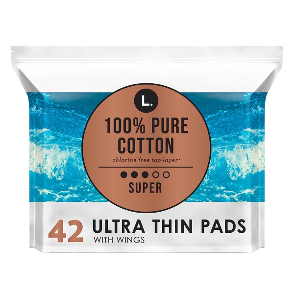 L. Ultra Thin Unscented Pads with Wings, Super Absorbency, 42 Ct, 100% Pure Cotton Chlorine Free Top Layer