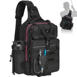 Piscifun 30L Fishing Tackle Backpack with Rod & Water Holder, Multi-Compartment Lightweight Large Tackle Sling Bag for Fishing Gear and Equipment, Gift for Men, Black