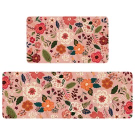 Xsinufn Boho Floral Kitchen Mat Set of 2,Modern Farmhouse Flowers Kitchen Rugs and Mats Non Skid Washable,Spring Summer Bohemian Kitchen Runner Rugs with Rubber Backing (Pink 17"x47"+17"x30")