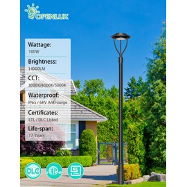 OPENLUX 100W Led Post Top Light with Photocell ETL DLC Listed 3000K/4000K/5000K Adjustable 14000Lm IP65 Waterproof Outdoor Pole Light Fixture for Garden Yard Street Lighting