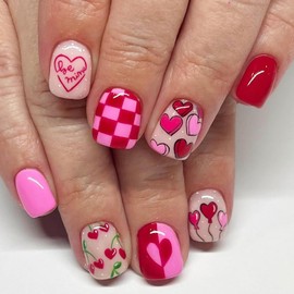 24 Pcs Valentines Press on Nails Short Square Fake Nails Pink Heart False Nails with Glue Glossy Glue on Nails Valentine’s Day Nails Full Nails Tips Winter Reusable Stick on Nails for Women Nail Art