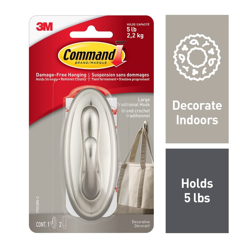 Command Traditional Decorative Hook, Large, Brushed Nickel, 1 Hook 2