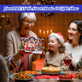 WUJUN Musical Christmas Card, 3D Christmas Pop Up Cards with Lights and Music of Merry Christmas, Double-Sided Pattern Design, Holiday Greeting Card for Christmas House, Blue