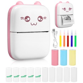 Zounin Mini Printer, Portable Photo Printer, Smartphone Bluetooth Printer with 13 Rolls of Paper and 5 Colours DIY Pen, Wireless Photo Printer, Thermal Printer for Daily Notes, Office Aid, Pink Cat