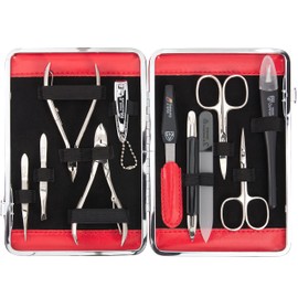 DREI SCHWERTER - 11-Piece Manicure Set 'Fano' | Nail Care Set in Case Made of Red Faux Leather | Contents: Nail Scissors, Nail Clippers, Cuticle Scissors, Sapphire Nail File and Much More