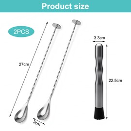 Set of 3 Bar Spoons with Cocktail Muddler, Cocktail Spoon, Muddler, Cocktail Mixing Spoon, Long Spoon, 304 Stainless Steel Bar Spoon, Stirrer Spoon, Tasting Spoon, Masher for Mixing Martinis, Coffee