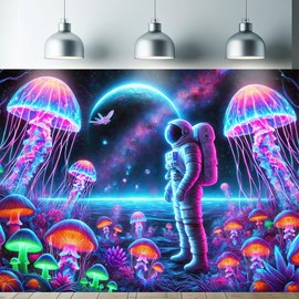 Starlit Patio Blacklight Astronaut Tapestry UV Reactive Glow in The Dark Plants Jellyfish Wall Tapestry Neon Galaxy Space Wall Hanging for Bedroom Living Room Dorm 78 x 59 Inches