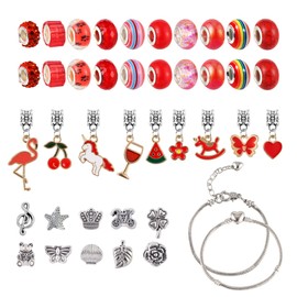 ALEXCRAFT Charm Bracelet Making Kit, 2 PCS Chains 40PCS Red Series Large Hole Charms Spacer Beads for Bracelet Making, Bracelet Charms Jewellery Making Kits for Girls