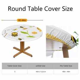 Guxxuil Cartoon Bee Round Fitted Tablecloth Sweet Honey Blooming Flowers Leaves Tree Elastic Edge Tablecloth Waterproof Oilcloth Table Cover for 40"-44"