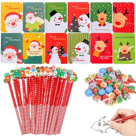Auzlya Christmas Pencils with Eraser, 24 Christmas Notebook + 24 Christmas Pencils, Christmas Gifts Small Items, Christmas Party Gifts Bag Fillers (Set-F)
