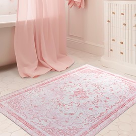 Pink Small Bathroom Rugs 3x5 - Cute Bow Non Slip Washable Vintage Floral Aesthetic Girly Mini Area Rug for Girls Bedroom Kitchen Entryway