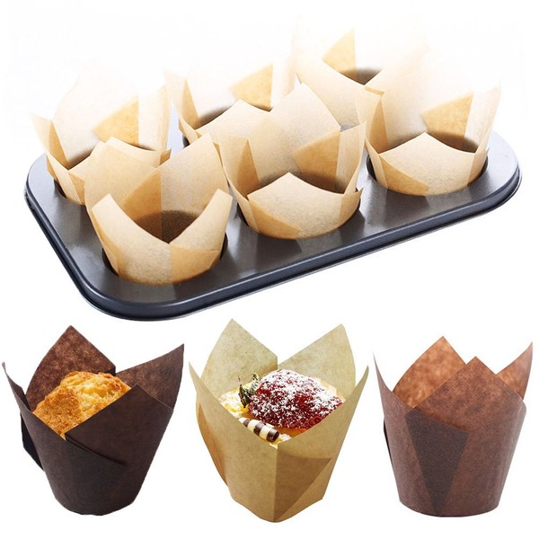 200 Pcs Tulip Cupcake Liners, Cooyeah Baking Cup Holder Muffin Paper Liners Grease-Proof Wrappers for Wedding, Birthday Party (Brown and Natural Color)