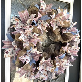 Prairie Floral, Butterflies, & Denim Spring Summer Fall Deco Mesh Wreath, Front Door Wall Entryway, Patio Porch Garden, Living Room Bedroom Wall Decoration, Handmade Handcrafted