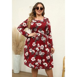 Nemidor Women's Round Neck Long Sleeve Casual Plus Size Fit and Flare Midi Dress with Pocket (22,Wine Print)