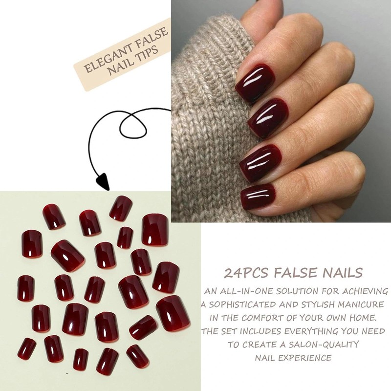False Nails – 24PCS Burgundy Square Short Fake Nails -