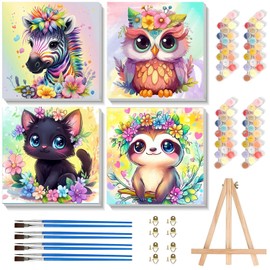 Pack of 4 Animal Painting by Numbers Children with Frame from 5 6 7 Years Girls and Boys with Wooden Easel Owl Sloth Cat Zebra Painting by Numbers Children from 7 Years Acrylic Paints with as a Gift