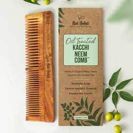 Nat Habit - Back To Natural Secrets Everyday Kacchi Neem Comb Treated With Neem Oil, Bhringraj & 17 Herbs (Dual Tooth) 18-20Cm Length Brown