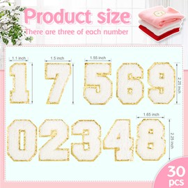 30 Pieces Chenille Iron on Number Patches for Jacket Embroidery Number Patches Glitter Iron on Applique Sew on Numbers for Jersey Cloth Fabric DIY Craft Decor (White)