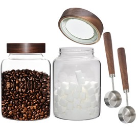 Glass Coffee Jars Spice Jar Round Storage Canister with Wooden Lid Clear Glass Food Jar for Pantry Sugar Tea Coffee Bean Spice Nuts Cookies Bath Salts (1800ml/60oz-2PACK（with spoon))