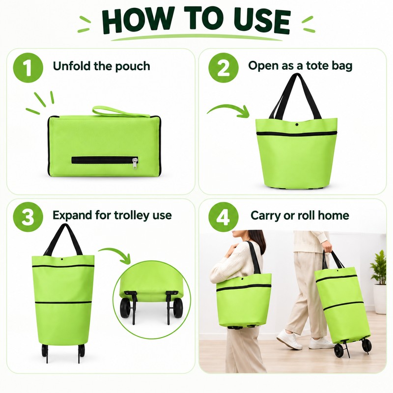 Foldable Shopping Cart Bag for Grocery Runs – 2-in-1 Rolling