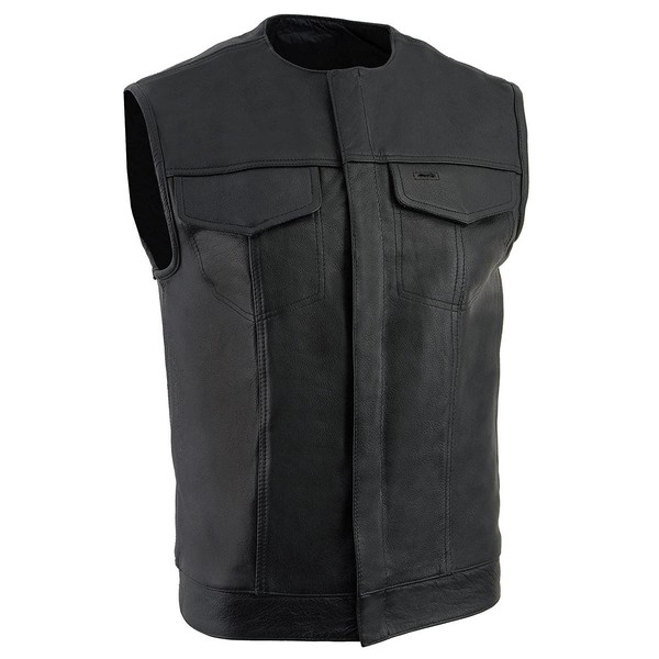 Milwaukee Leather LKM3721 Men's Black Leather Collarless Club Style Motorcycle Rider Vest w/Concealed Snap Closure - X-Large