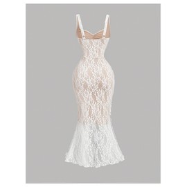 GORGLITTER Women's Lace Bodycon Fishtail Midi Dress Graduation Prom Wedding Guest Y2K Ruched Asymmetrical Summer Dress White Small