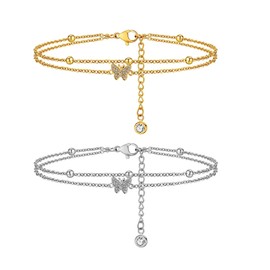 14k Gold Plated Butterfly Cubic Zirconia Dainty Link Anklet Beads Double Layered Bracelets Butterfly Anklet for Women Boho Beach Jewelry Gifts-Gold&Silver