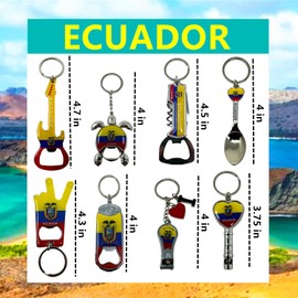 TSY TOOL 8 Pack Ecuador Keychains Country Metal Keychain, 6 Bottle Opener, Peace Sign, Heart Whistle, Beer Can, Guitar, Spoon, etc. Souvenir Keychains, Gift, Bulk