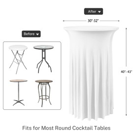ANMINY Highboy Spandex Cocktail Table Covers with Ruffle Skirt Stretch Fitted Cocktail Tablecloth Linens for 32" D x 43" H Round Tables Washable Decorative High Top Table Covers - White