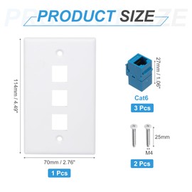 MECCANIXITY Blue Cat 6 Ethernet Wall Plate, 3 Port Female to Female RJ45 Key-Stone Jack Wall Plate Jack Inline Coupler Connector Box Cover, White