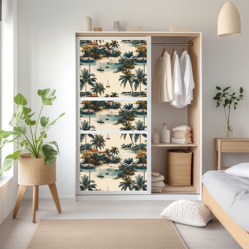Tropical Coastal Peel and Stick Wallpaper, Palm Tree and Island