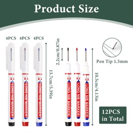 Pack of 12 Deep Hole Marker Set, Drill Hole Marker with 20 mm Extra Long Tip, Marker Pens for Wood, Plastic, Wall, Metal, Cardboard Construction Site Pens for Precise Markings (Black, Blue, Red)