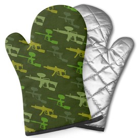 Pairs of Decorative Oven Mitts, Heat Resistant Kitchen Gloves for Cooking, Baking, Grilling (Paintball Guns Silhouette)