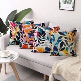 ASDCXZ Cushion Cover 40 x 40 cm Set of 4 Modern Art Graffiti Leaves Colourful Sofa Decorative Cushion Covers Washable Polyester Flax Textile Outdoor Pillowcase Cushion Cover