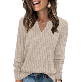 Aokosor Jumpers for Women Lightweight Sweatshirts Ladies V Neck Long Sleeve Tops Women Loose Fit Size 18-20 Beige