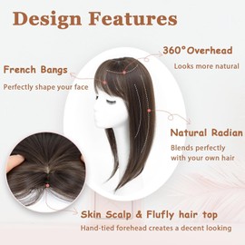 Insmi Hair Topper with Bangs, 360° 3D Cover Toppers for Women, Hair Pieces for Women with Thinning Hair，Clip in Bangs with Topper (Dark Brown)