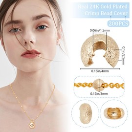 Beebeecraft 1 Box 200Pcs Crimp Beads Covers Real 24K Gold Plated Half Round Bead Knot Cover Open End Caps Metal Crimping Spacer 4mm for Jewelry Making Assortments DIY Crafts Bracelets