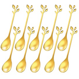 10-Piece Gold Leaf Espresso Spoons, 4.7" Stainless Steel